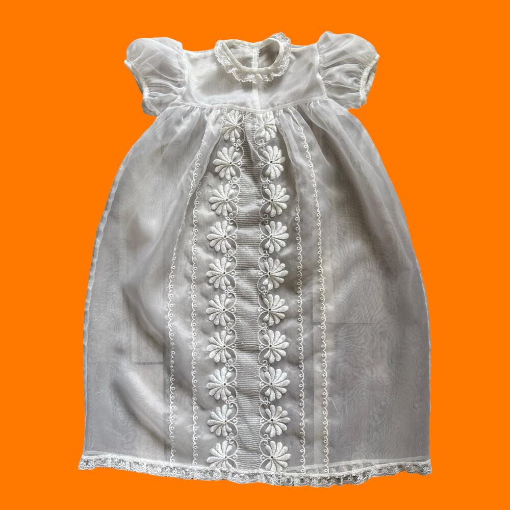 60's 70's vintage white organza floral embroidered Christening gown Infant 0-6M